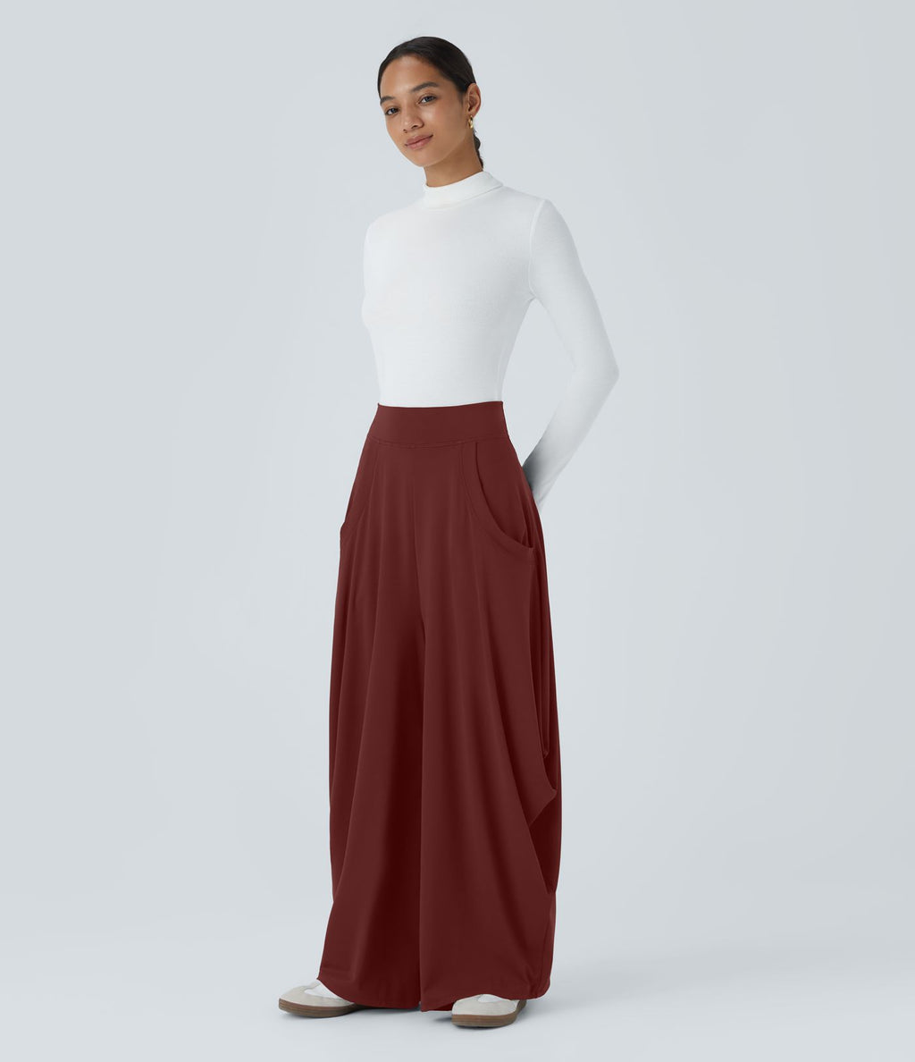 Pantalon décontracté drapé à poches multiples et taille moyenne, jambe large