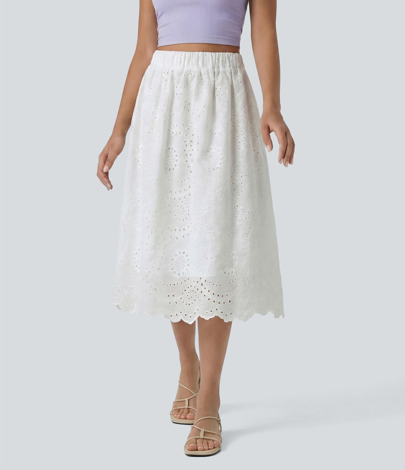 Jupe évasée plage broderie anglaise taille haute