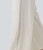 Pantalon large fluide casual 2 en 1 taille mi-haute avec cordon de serrage, dentelle contrastante, poches et aspect lin