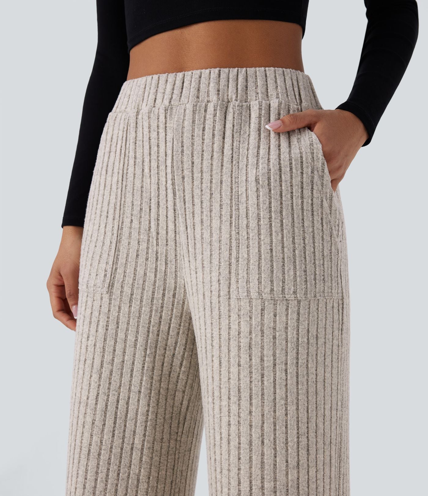 Pantalon large décontracté côtelé taille haute avec poches multiples