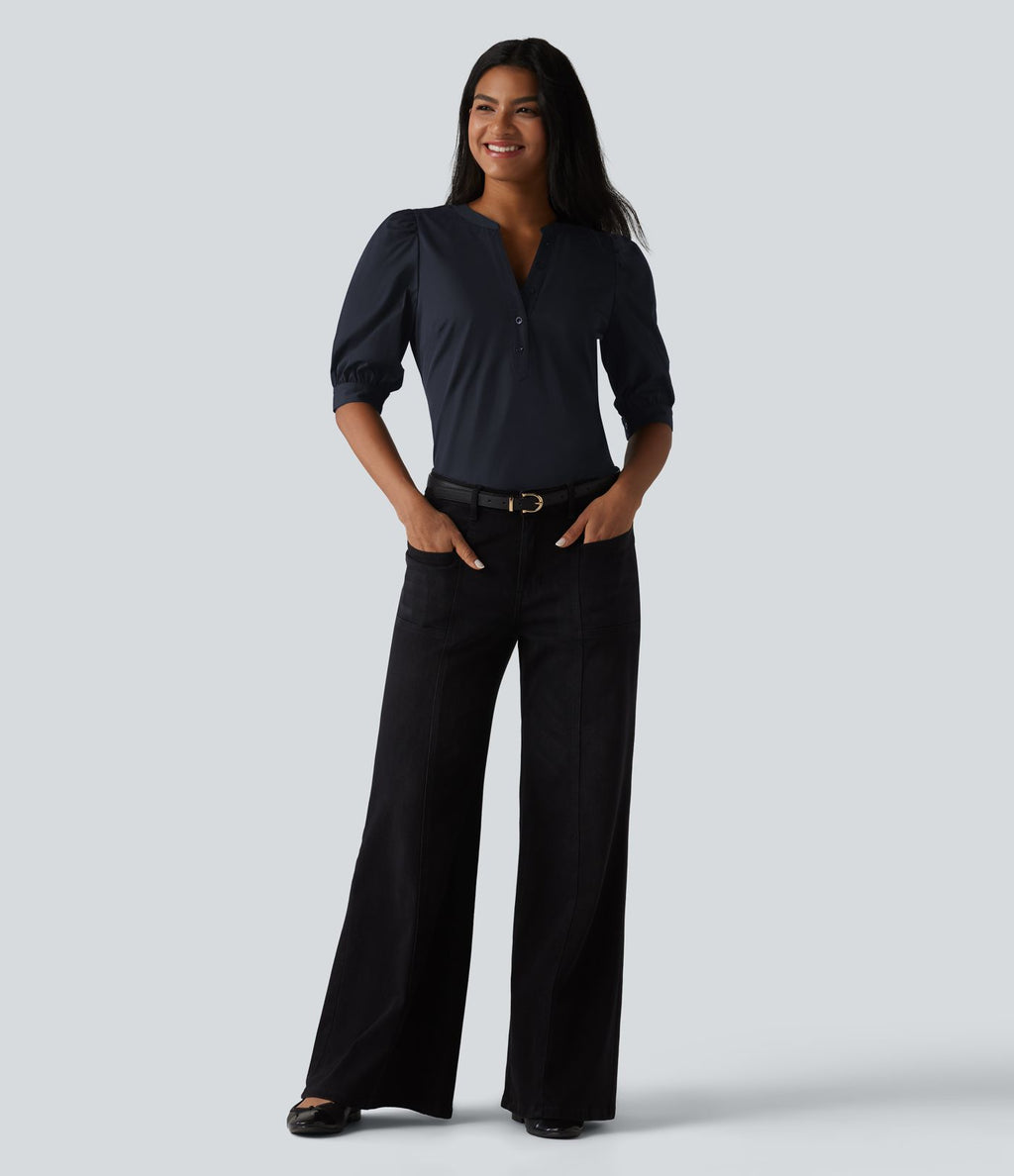Blouse décontractée col Henley manches bouffantes mi-longues