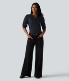 Blouse décontractée col Henley manches bouffantes mi-longues