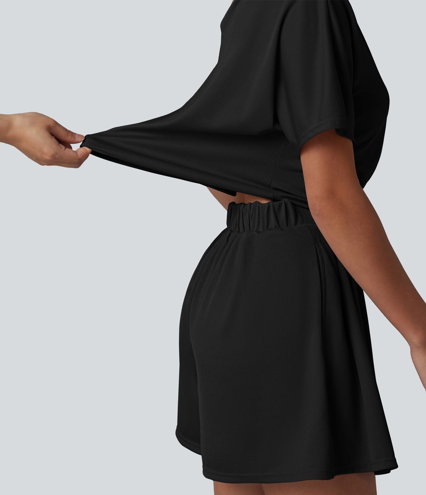 Combishort casual asymétrique manches courtes plissé en nid d'abeille avec poches - Édition Easy Peasy