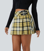 High Waisted de Decorative Buckle 2-in-1 Plaid Pleated Mini Casual Skirt
