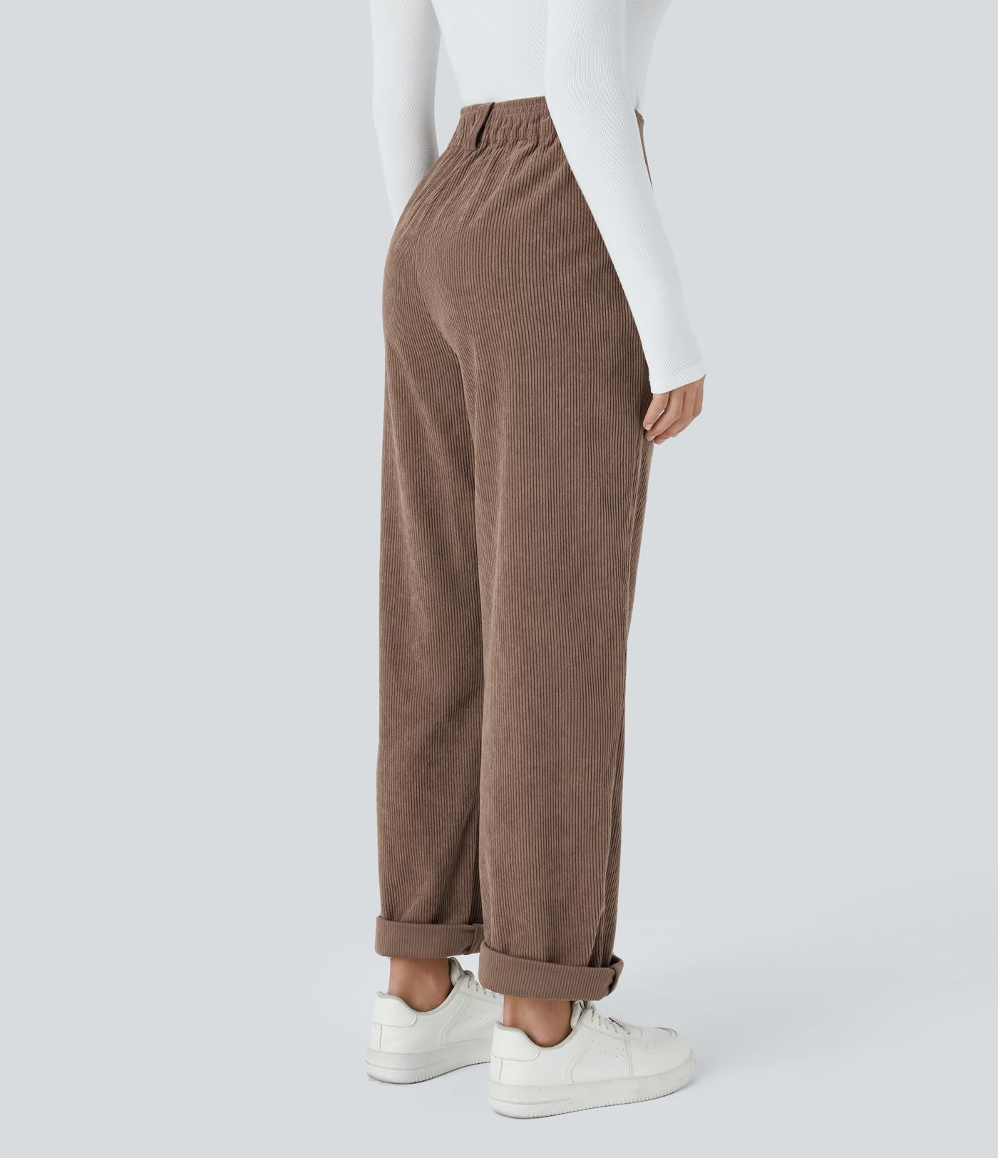 Pantalon décontracté en velours côtelé, taille haute, avec poche zippée