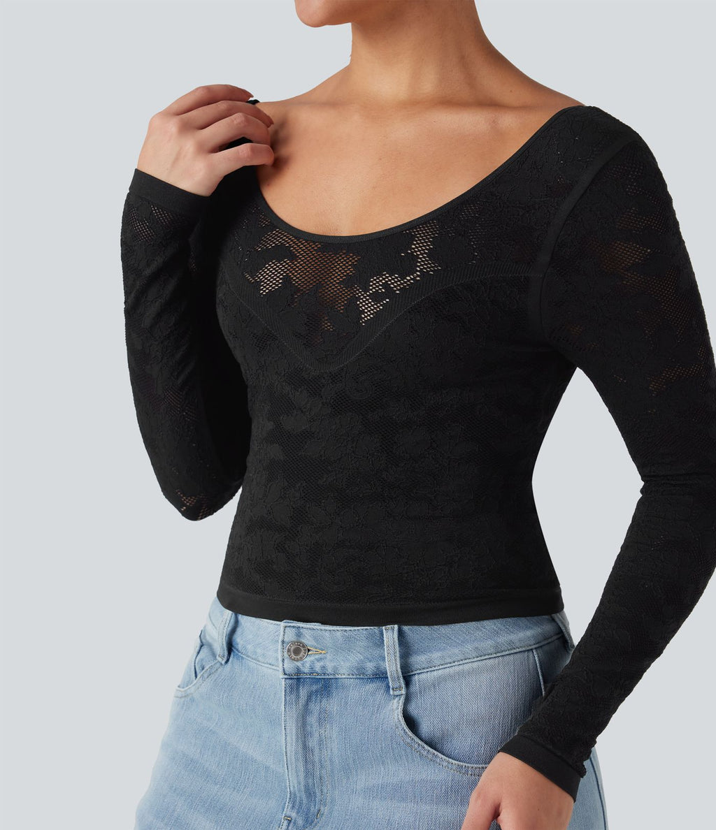 Haut de sport col U dos nu jacquard à manches longues sans couture OneForm Seamless Flow