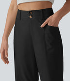 Pantalon droit décontracté en coton et lin taille haute avec poches
