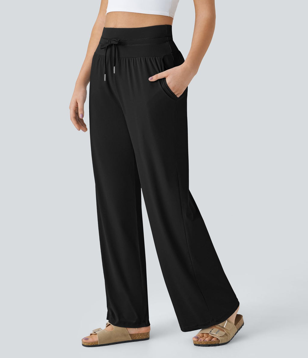 Pantalon large décontracté taille haute cordon de serrage poches latérales effet frais InstantCool