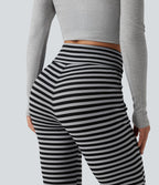 Pantalon évasé décontracté taille haute gainant à rayures en tissu gaufré avec cordon de serrage et poches