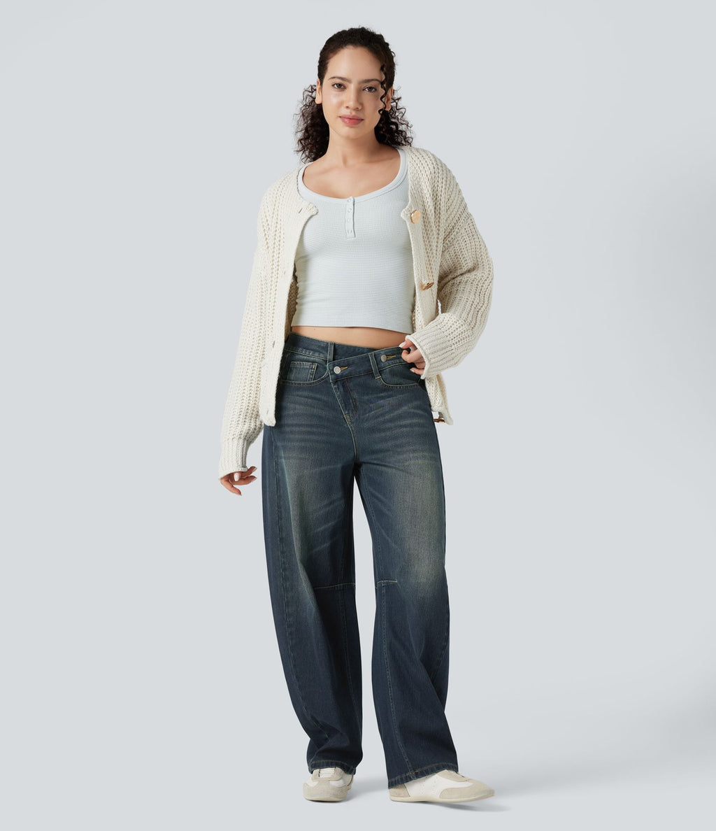 Jean Barrel Halara Flex™ asymétrique délavé taille mi-haute avec poches