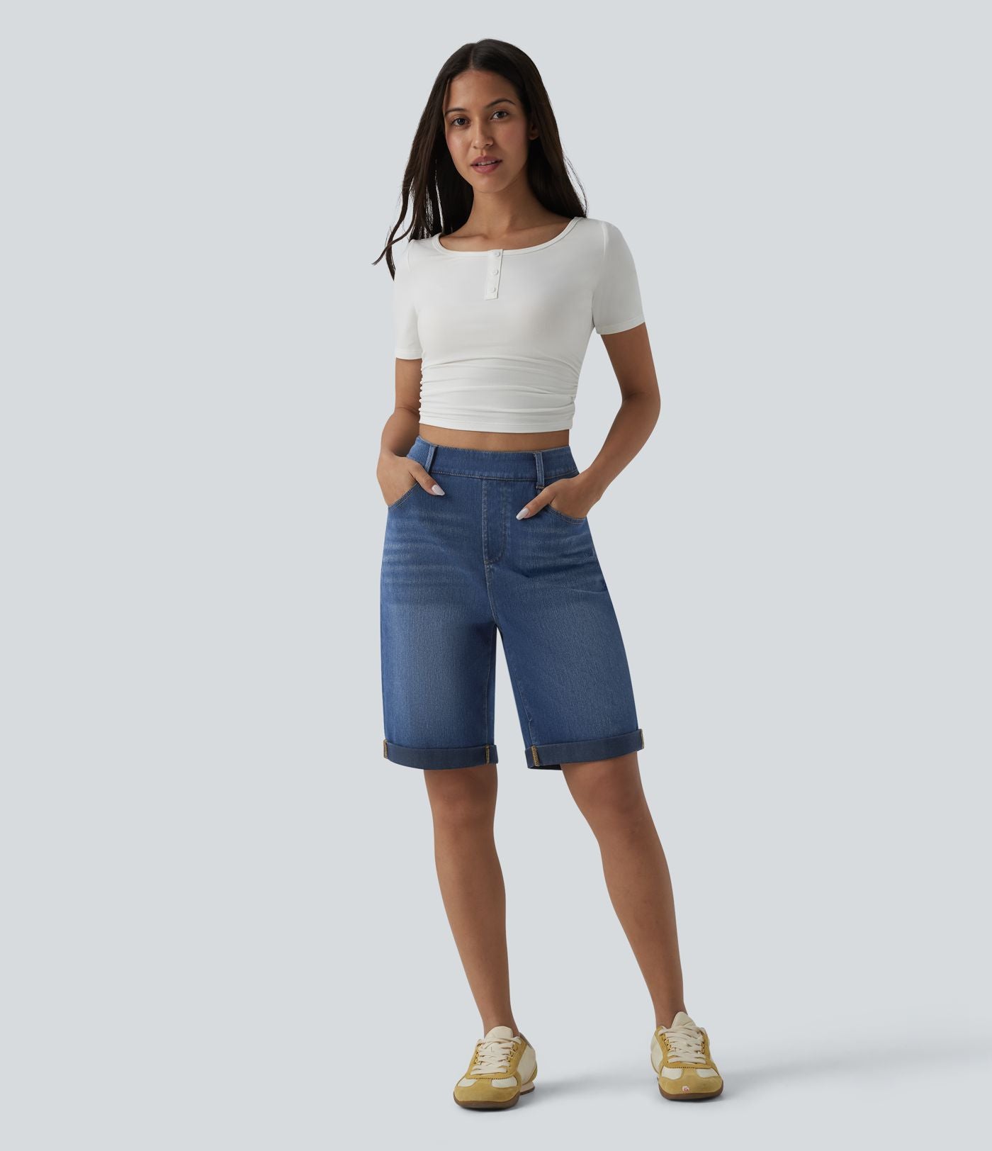 Short 7/8 tailleur Halara Flex™ denim casual ourlet roulotté taille haute avec poches