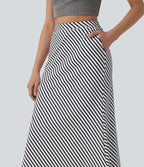 Jupe mi-longue casual à rayures taille haute avec poches