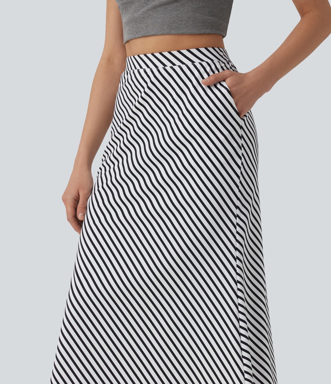 Jupe mi-longue casual à rayures taille haute avec poches