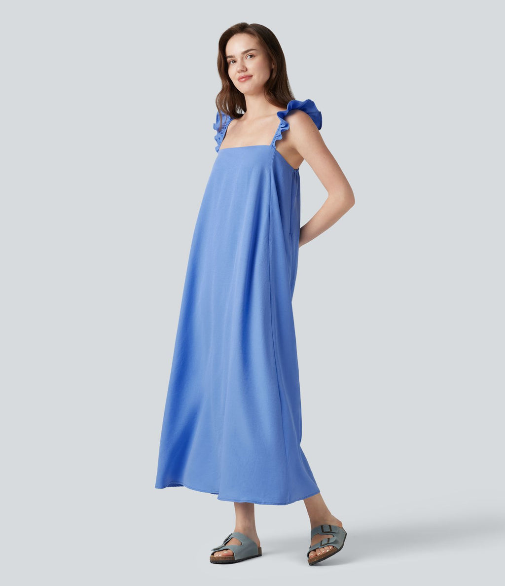 Robe casual fluide midi sans manches col carré avec bordure à volants et poches