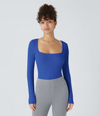 Bodysuit de Travail Tricot Côtelé Col Carré Manches Longues Boutonné Silhouette Élancée