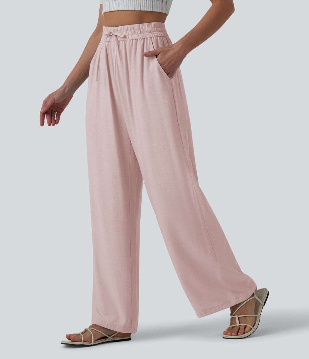 Pantalon casual large mélange lin taille haute avec cordon de serrage et poches