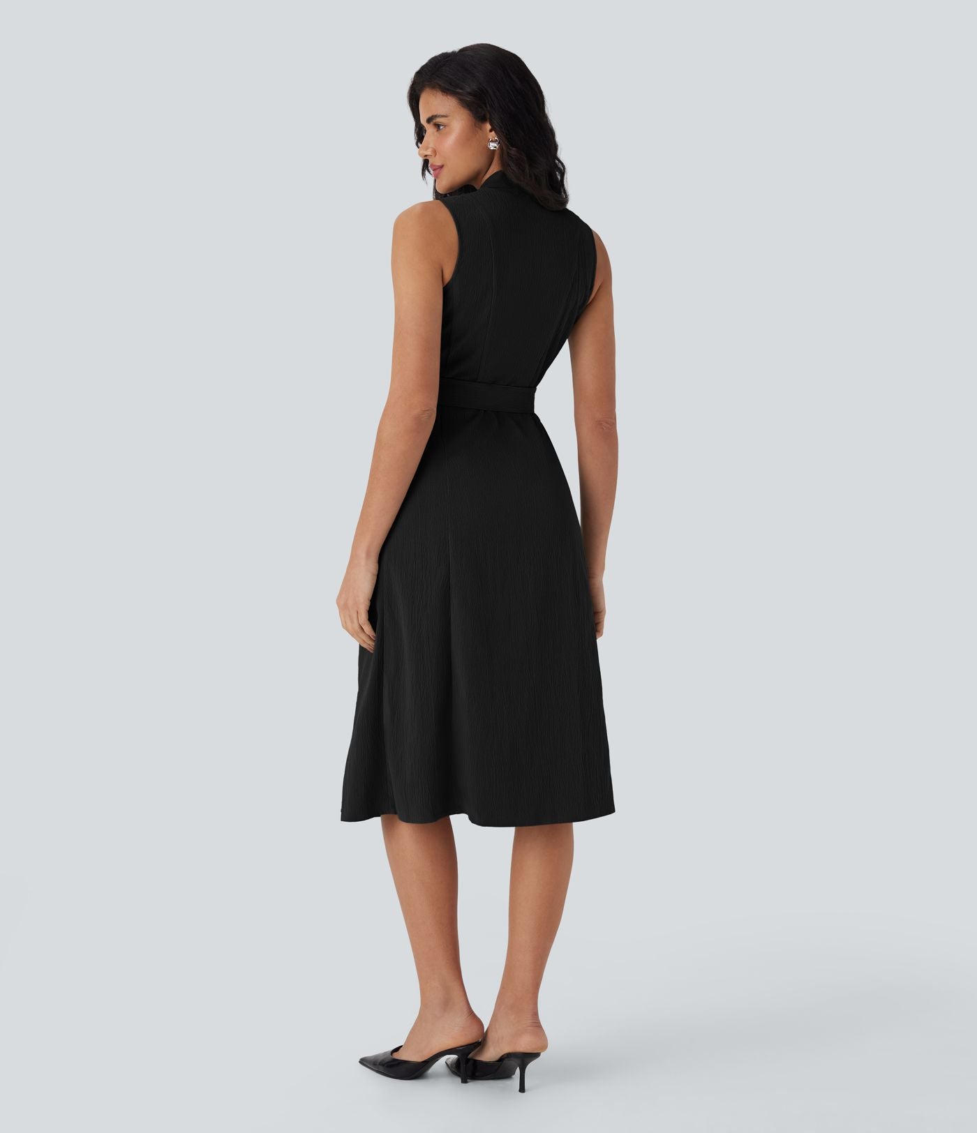 Robe de voyage mi-longue à col V, sans manches, portefeuille, ceinture et poches latérales