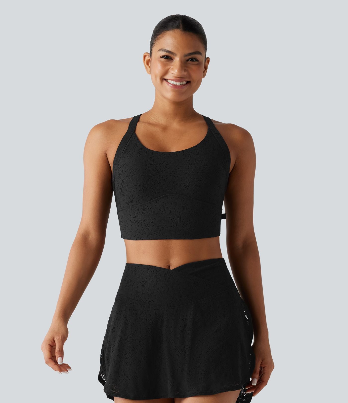 Débardeur de yoga SoftlyZero™ dos nu torsadé avec dentelle contrastée, coussinets amovibles et protection solaire UPF 50+