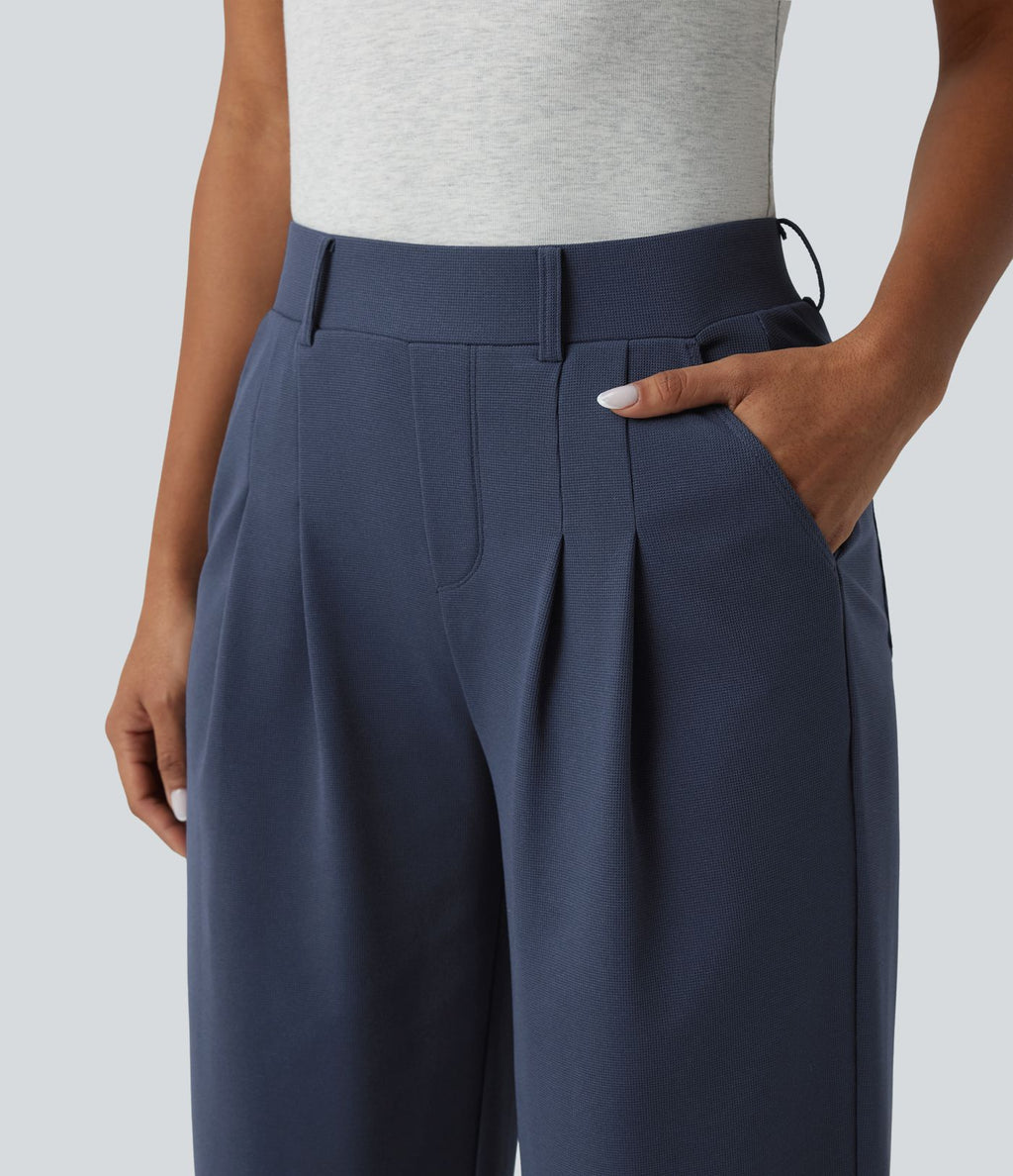 Pantalon décontracté large taille mi-haute gaufré avec poches