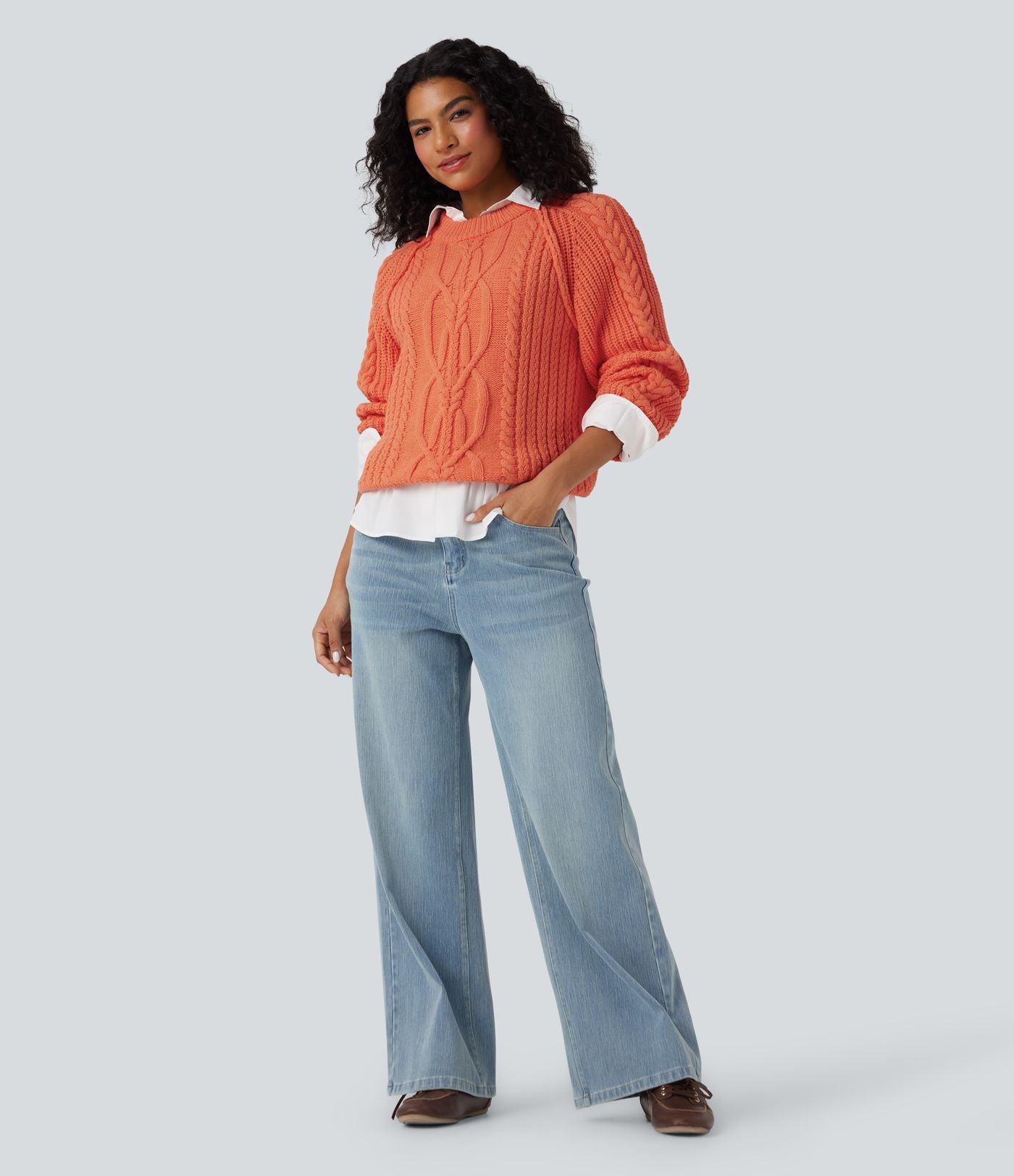 Pull décontracté maille torsadée col rond manches raglan longues coupe décontractée
