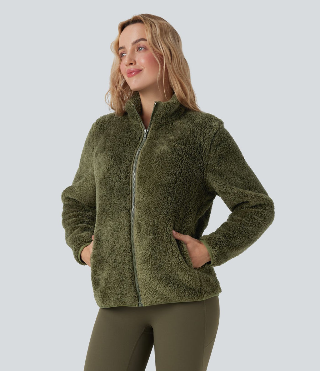 Veste décontractée sherpa col montant manches longues avec poches