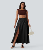 Jupe longue décontractée taille mi-haute avec ceinture fermeture éclair fente et poches latérales