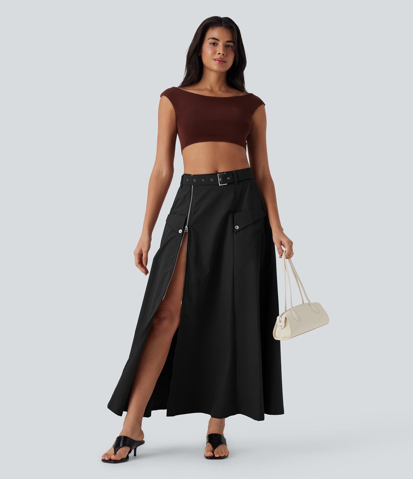 Jupe longue décontractée taille mi-haute avec ceinture fermeture éclair fente et poches latérales
