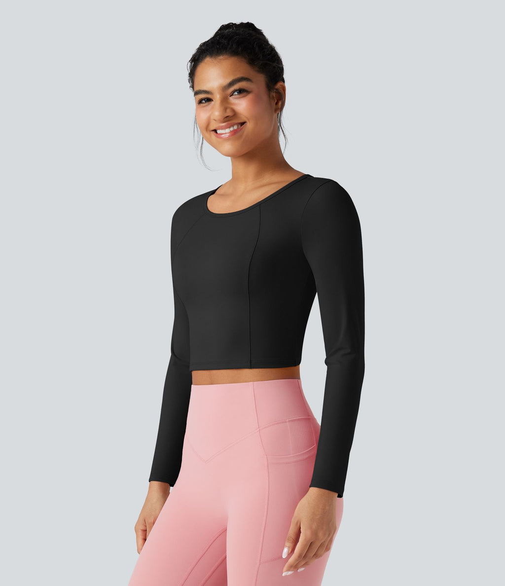 Top de sport yoga court col échancré manches longues à découpes