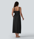 Robe midi fluide casual col carré à corset et nœud devant avec poches