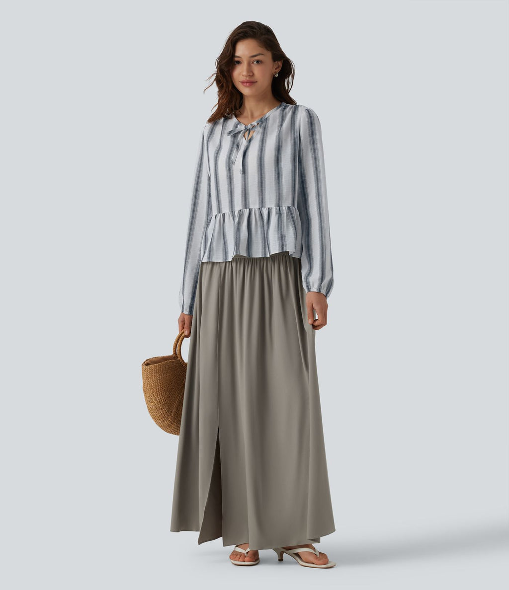 Blouse aspect lin à rayures manches longues ourlet à volants à nouer devant