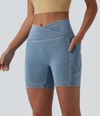Short denim skinny décontracté Halara Flex™ croisé gainant taille haute 12,5 cm avec poches