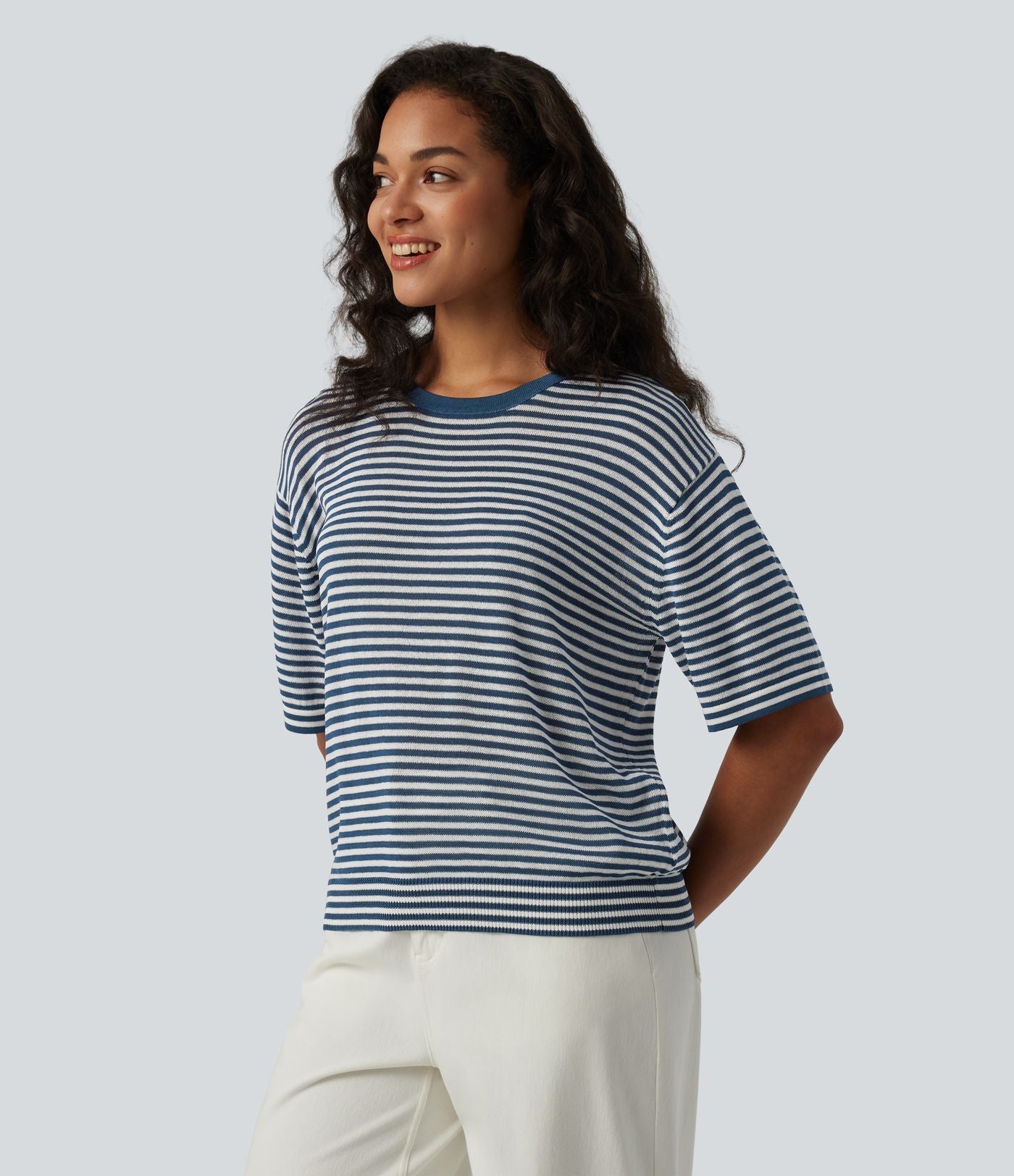 Pull décontracté rayé col rond manches courtes aspect lin