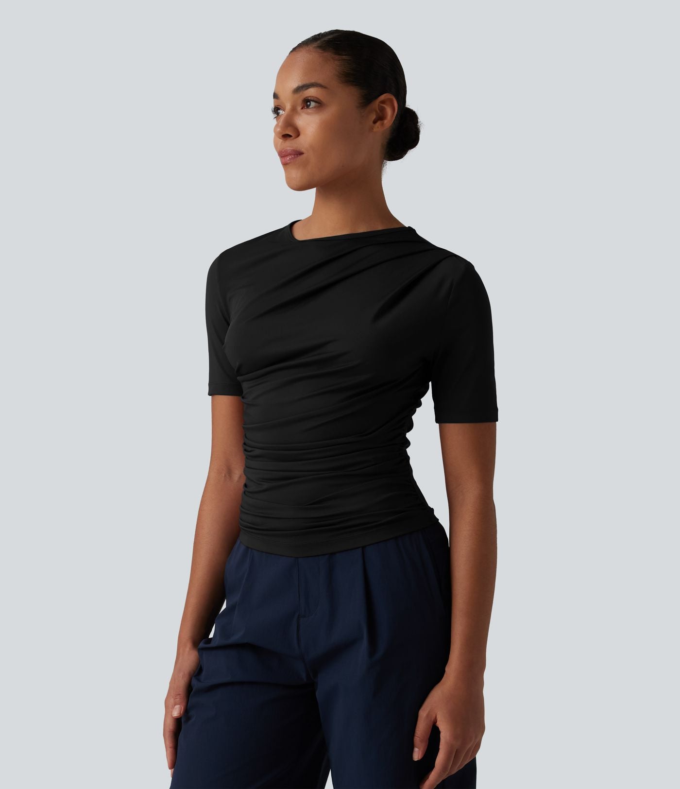 T-shirt décontracté asymétrique manches courtes froncé