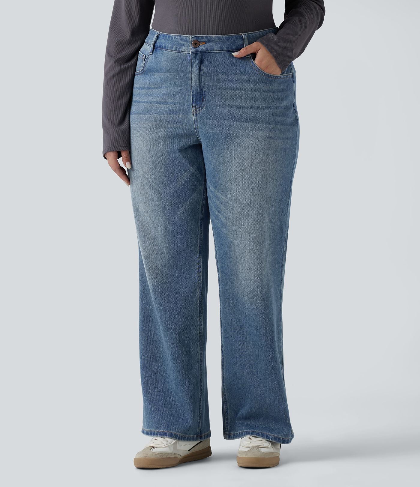 Jean bootcut décontracté Halara Flex™ délavé taille basse grande taille avec poches