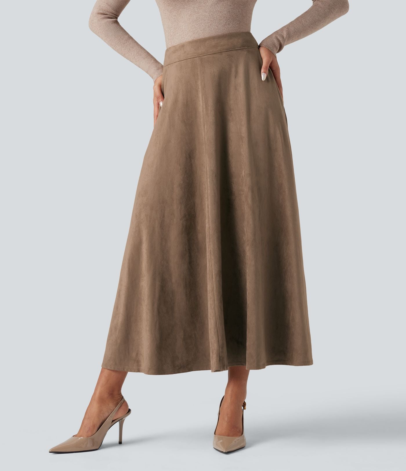 Jupe mi-longue évasée daim taille haute avec poches
