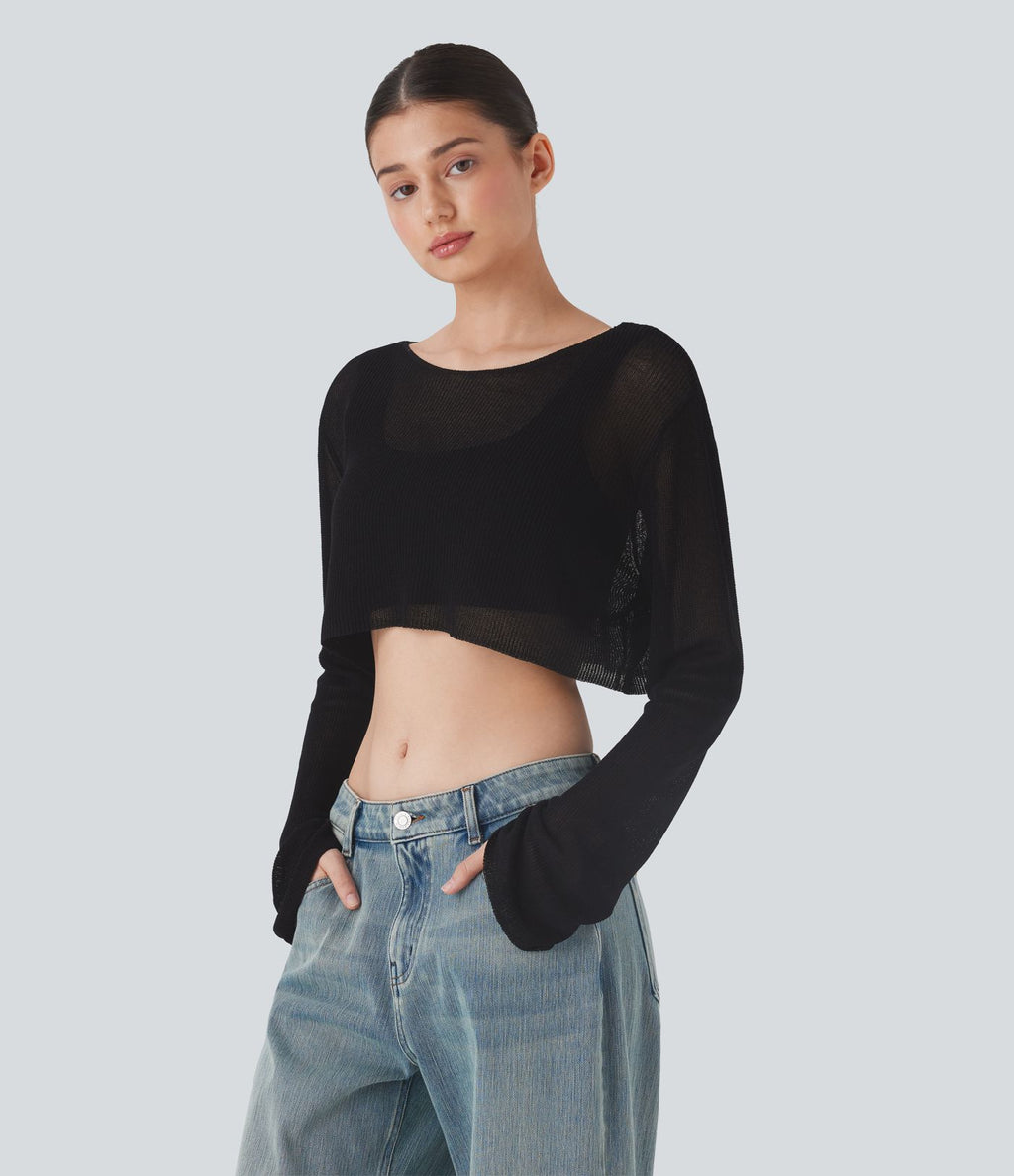Pull décontracté transparent crop top encolure arrondie avec manches volantées