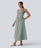 Robe midi rayée bretelles fines avec laçage et poches