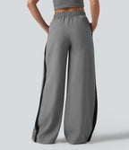 Pantalon large infroissable taille haute color block décontracté aspect lin avec poches