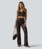 Pantalon décontracté taille haute, coupe bootcut, en PU extensible avec poches