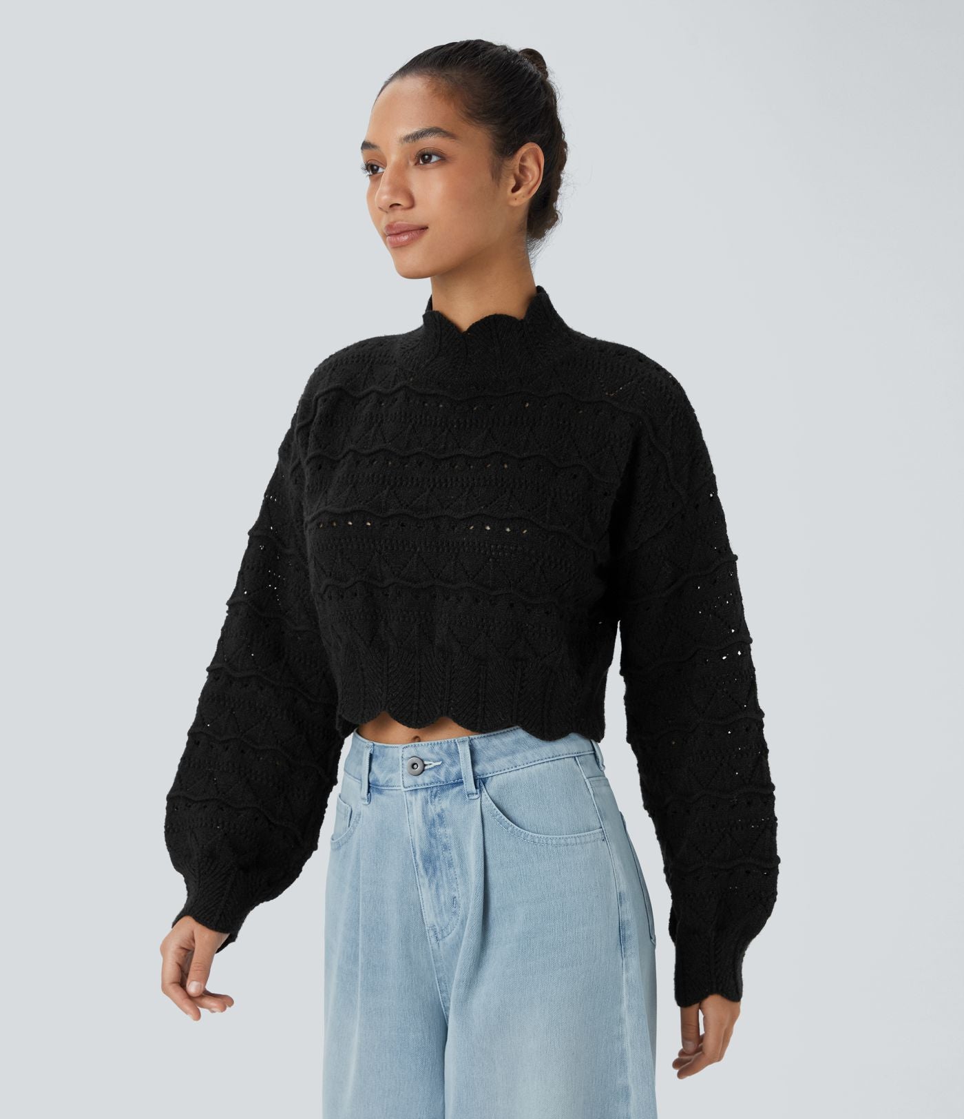 Pull décontracté à col montant, manches évêque, ourlet festonné et maille ajourée