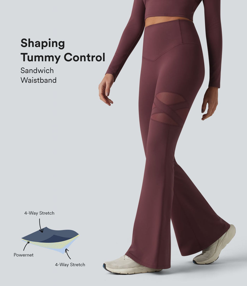 Legging évasé casual en maille respirante ventre plat taille haute avec poche