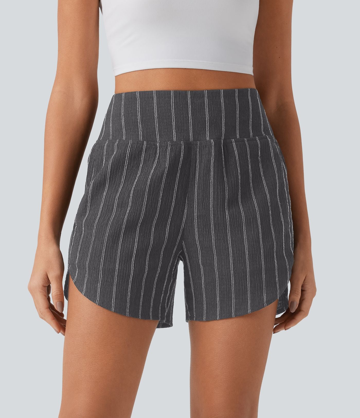 Short casual taille haute ourlet arrondi rayures avec poches