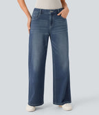 Halara Flex™ Jean Large Casual Taille Basse avec Boutons Zip Multiples Poches Lavés Élastiques et Tricotés