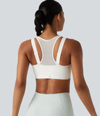 Brassière de sport d'entraînement maintien moyen col rond échancré dos nageur avec fermeture éclair, mesh contrasté et coussinets non amovibles
