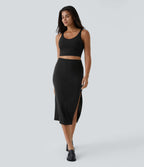 Jupe Midi Moulante Casual en Côtes Taille Haute Fendue