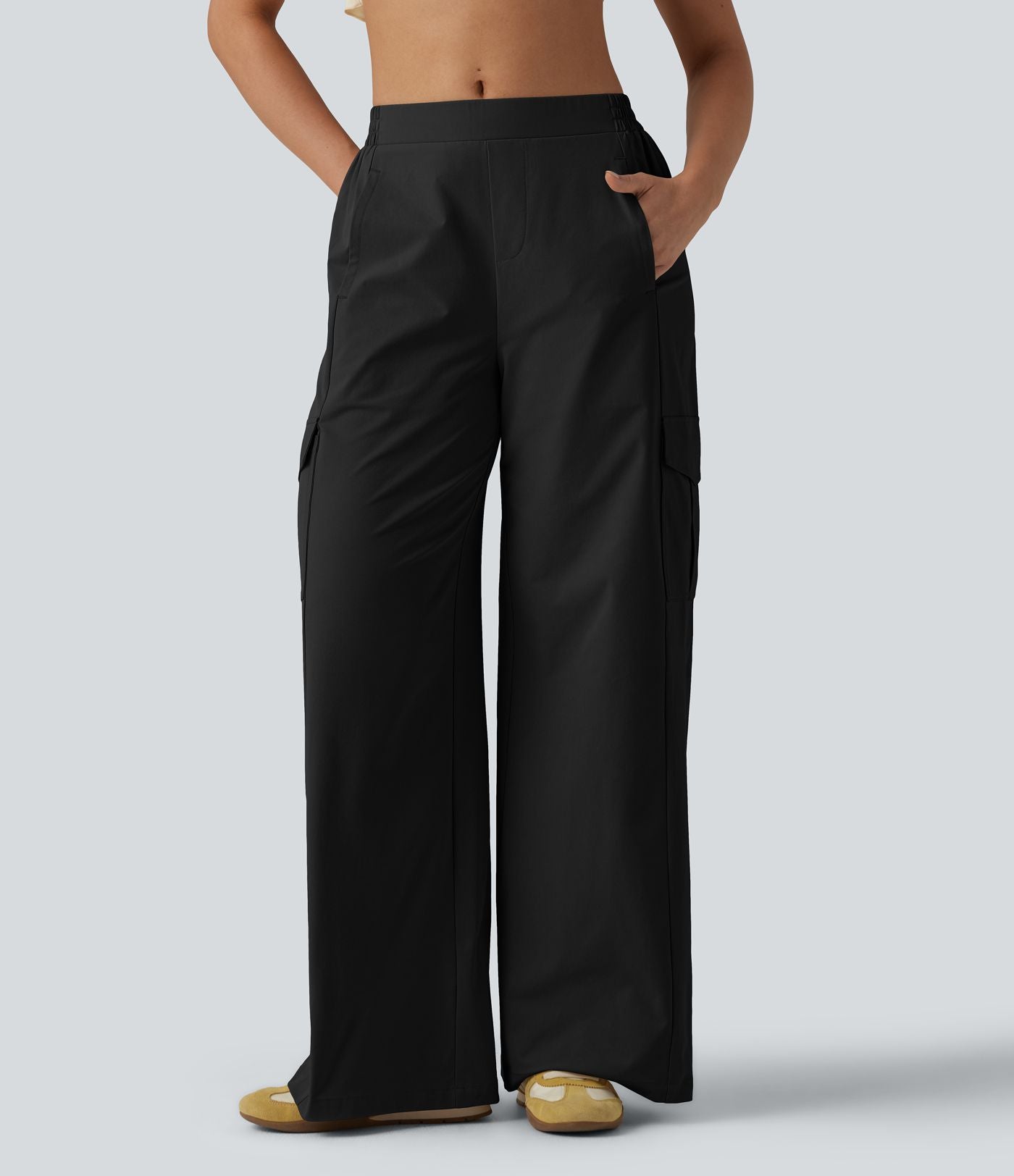 Pantalon cargo décontracté en popeline stretch taille mi-haute, coupe jambe large avec poches
