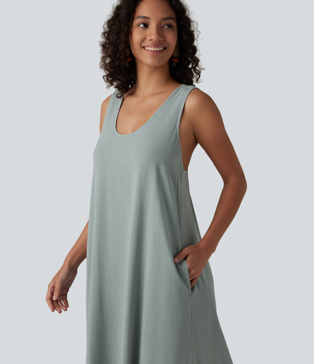Robe maxi fluide de vacances en mélange de lin col U sans manches dos torsadé à poches