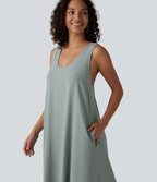 Robe maxi fluide de vacances en mélange de lin col U sans manches dos torsadé à poches