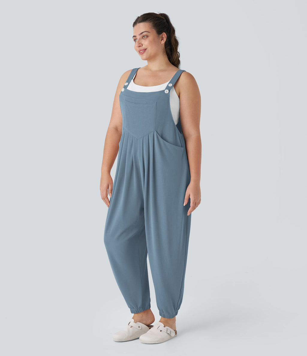 Sangle Réglable Bouton Plusieurs Poches Plissé Gaufré Casual Grande Taille Salopette
