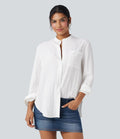 Chemise décontractée manches longues ourlet arrondi avec poche